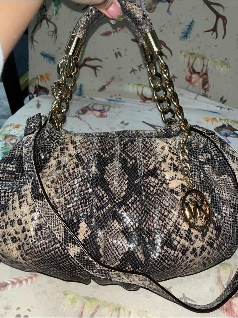 Michael Kors Snake-Print Shoulder Bag in Beige and Black with Gold Hardware